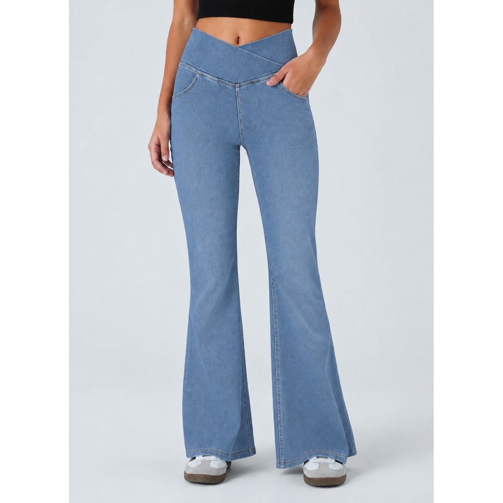 NWT Halara Flex High Waisted Crossover Pocket Flare Jeans Light Blue Medium